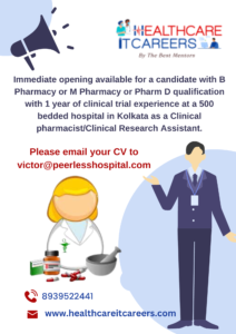 OPENING AVAILABLE FOR A CANDIDATE WITH B PHARMACY or M PHARMACY or PHARM. D